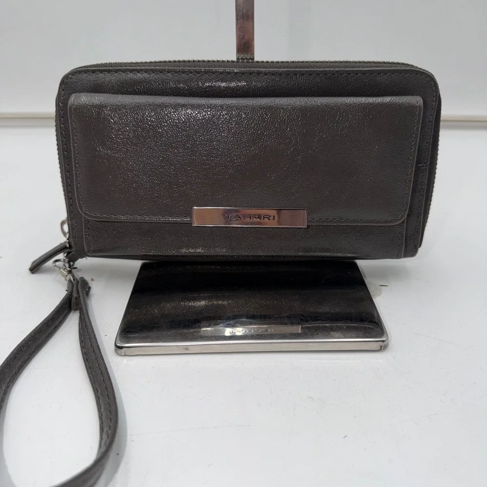 Tahari Gray Wristlet Wallet RFID Identity Protect Zip Around Clutch